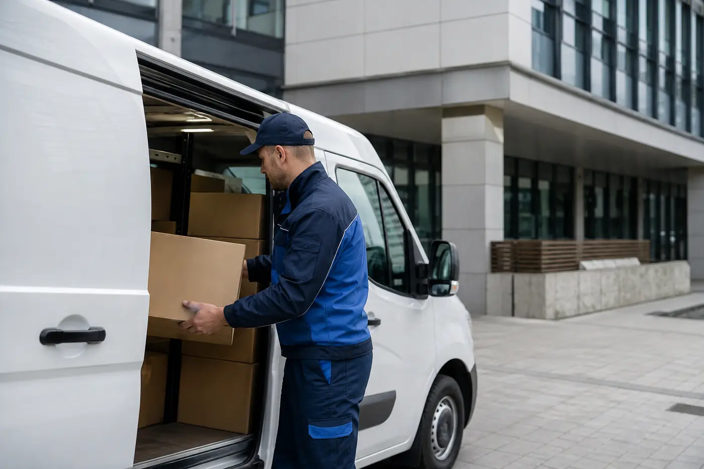Professioneller Lieferdienst beim Beladen eines Fahrzeugs